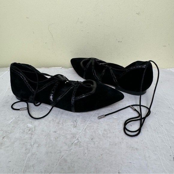Brian Atwood Sanaa Suede Leather Lace Up Ballet Flats Shoes Pointy Toes Black - Picture 9 of 16